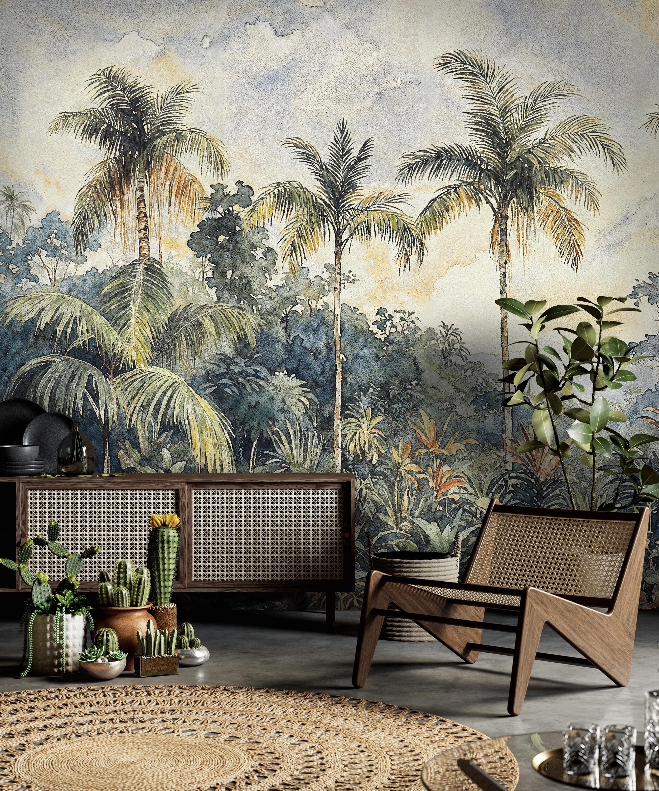 Tropical interior wallpaper installation